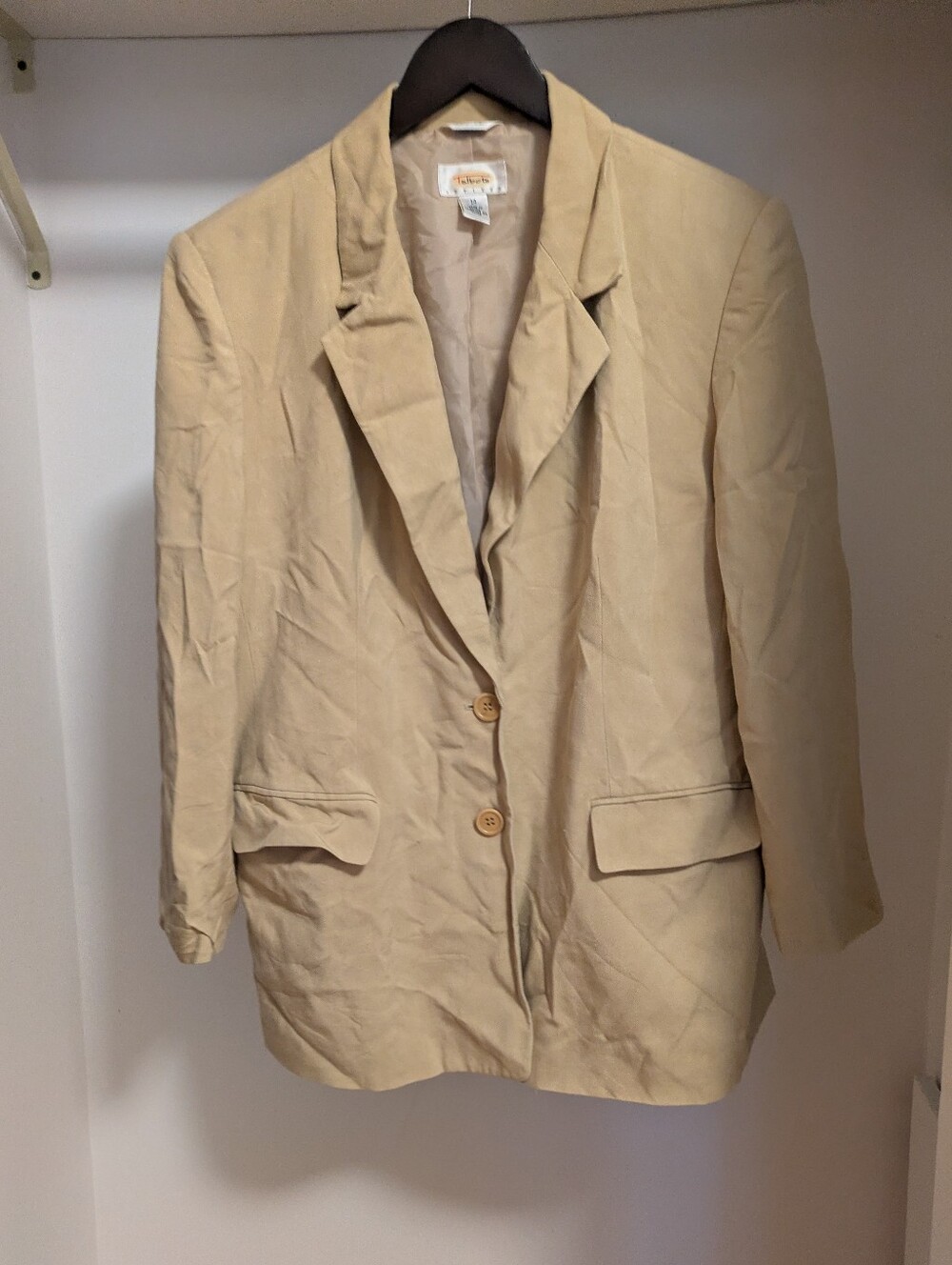 Talbots 100% silk tan beige single-breasted blazer jacket size 14 petite